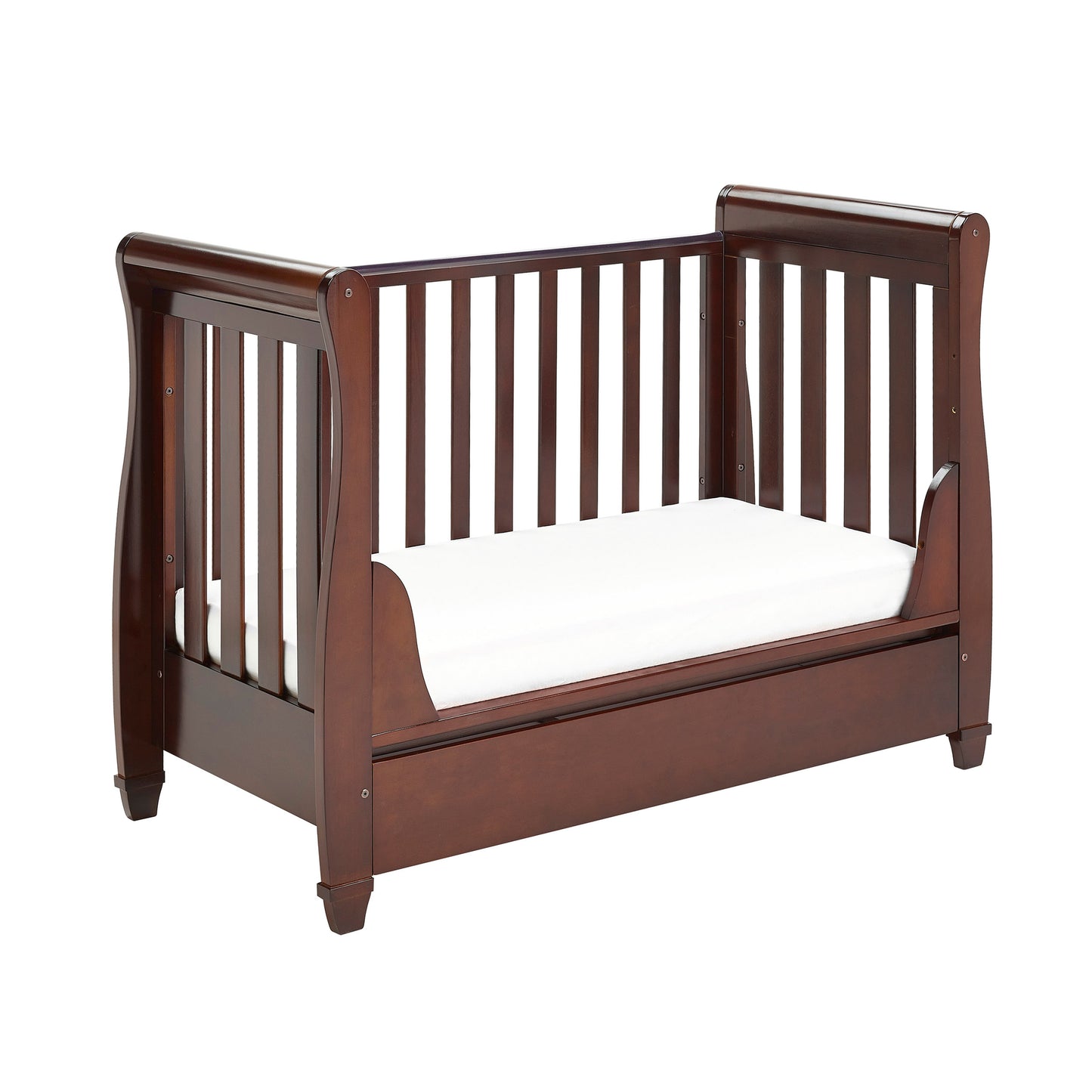 Babymore Eva Sleigh Cot Bed Drop Side with Drawer - Brown