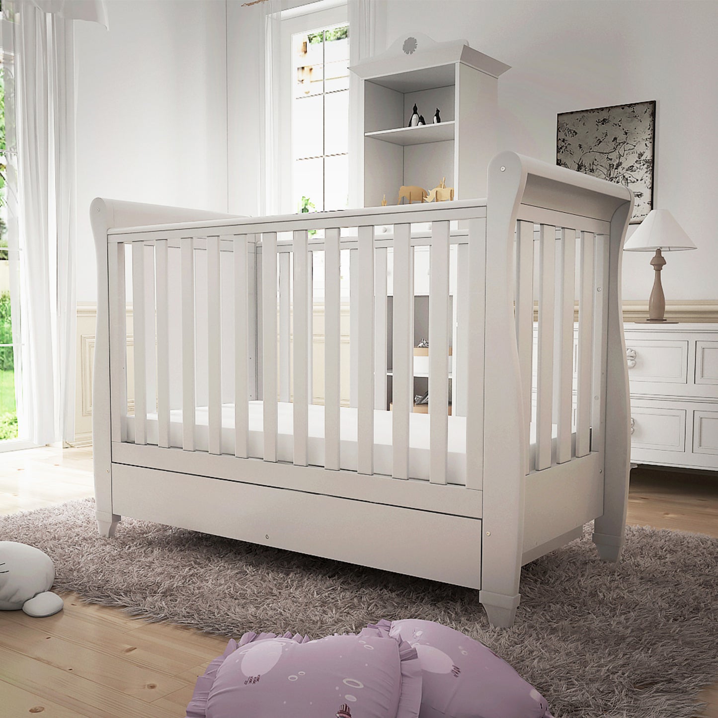 Babymore Eva Sleigh Cot Bed Drop Side with Drawer - White