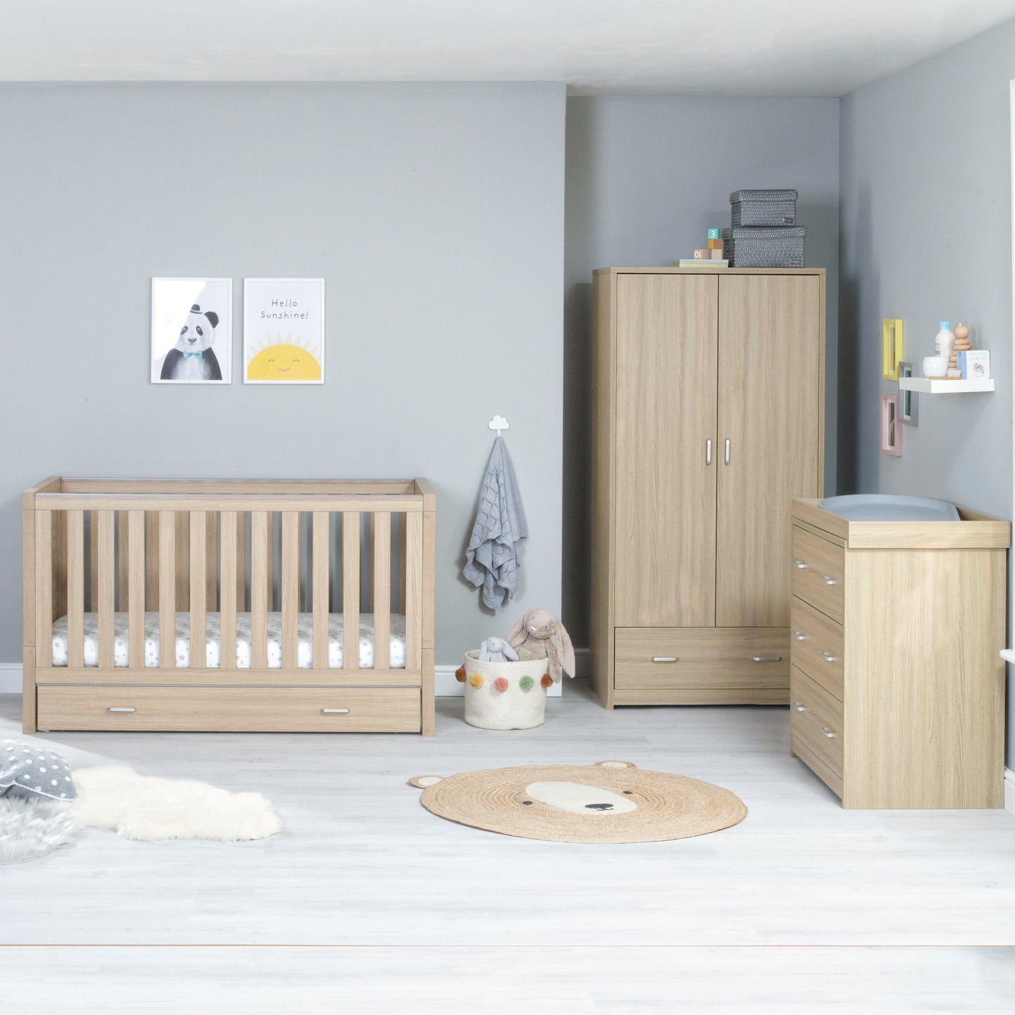 Babymore Luno 3 Piece Nursery Room Set with Drawer - Oak