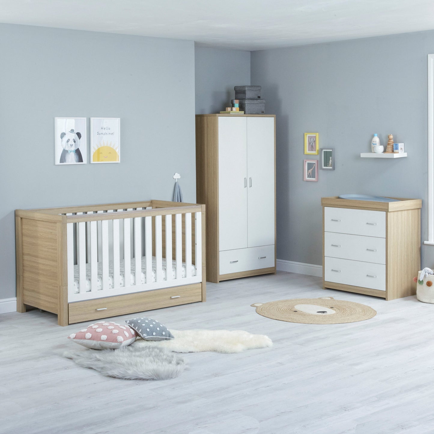 Babymore Luno 3 Piece Nursery Room Set with Drawer - Oak White