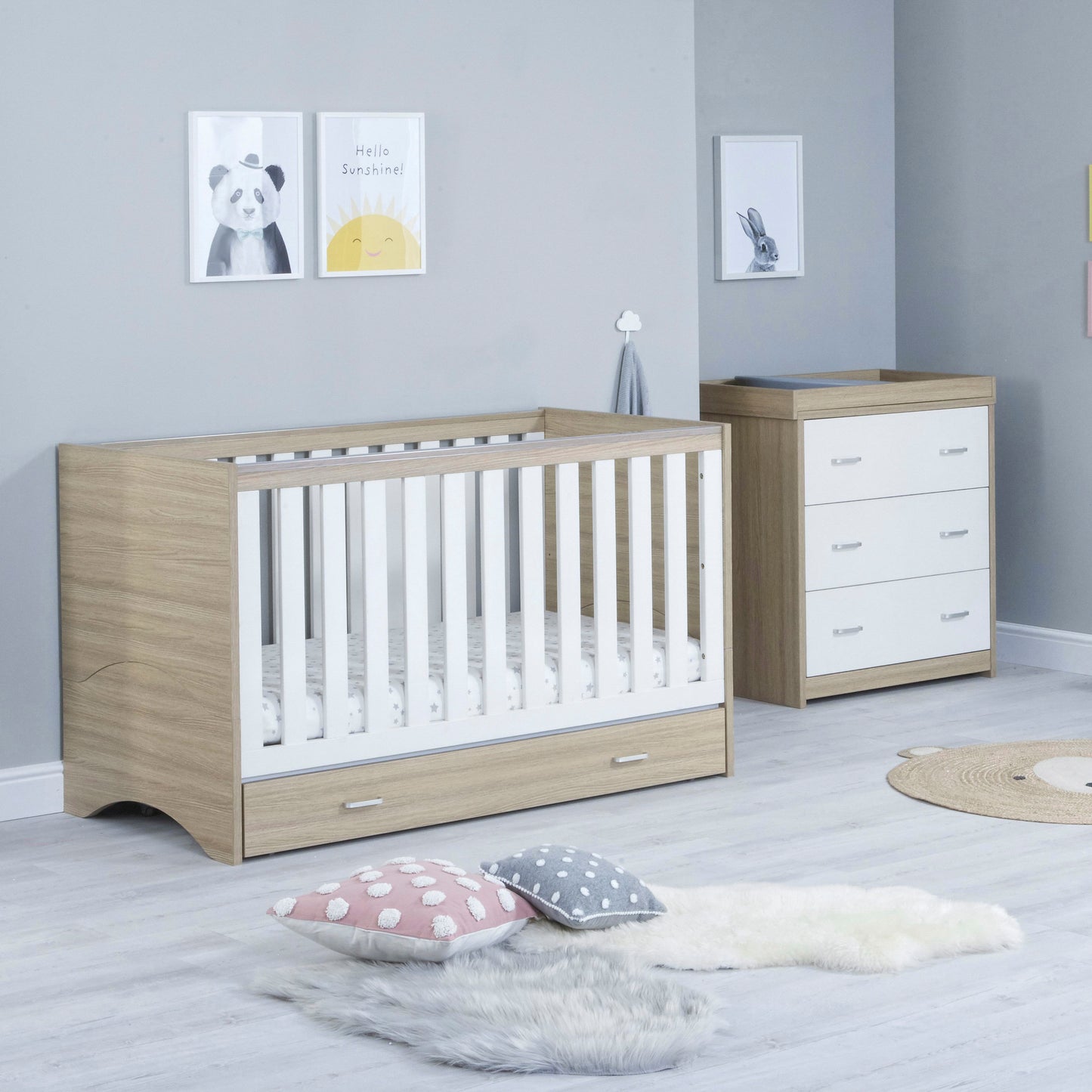 Babymore Veni 2 Piece Nursery Room Set with Drawer - Oak White
