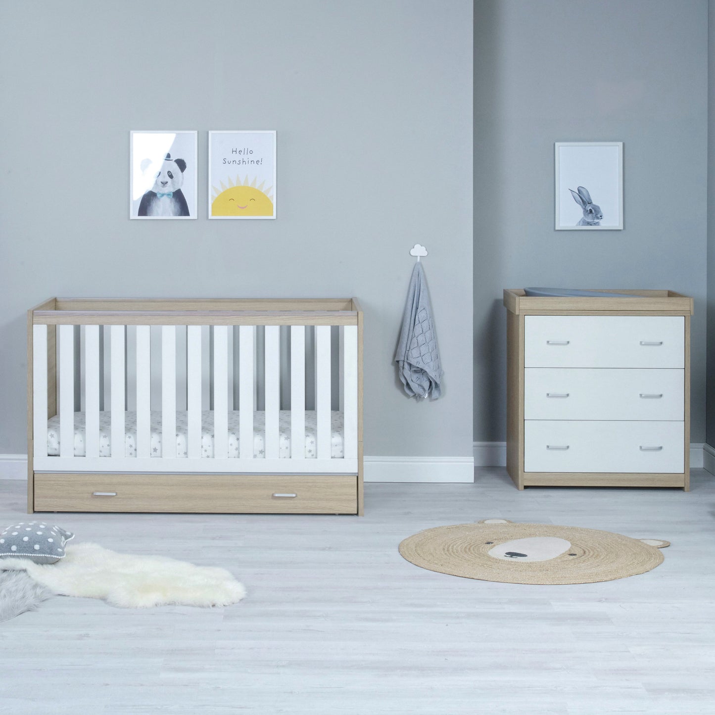 Babymore Veni 2 Piece Nursery Room Set with Drawer - Oak White