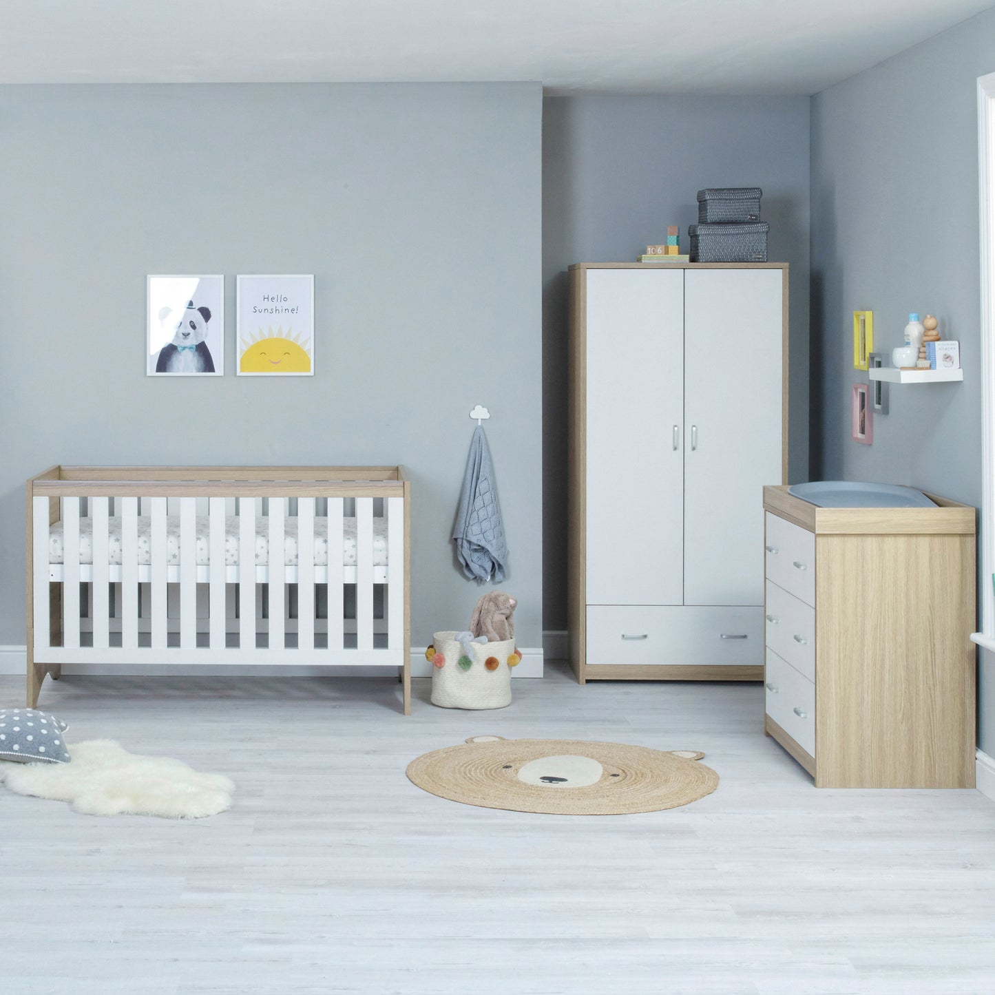 Babymore Veni 3 Piece Nursery Room Sets with Drawer - Oak White