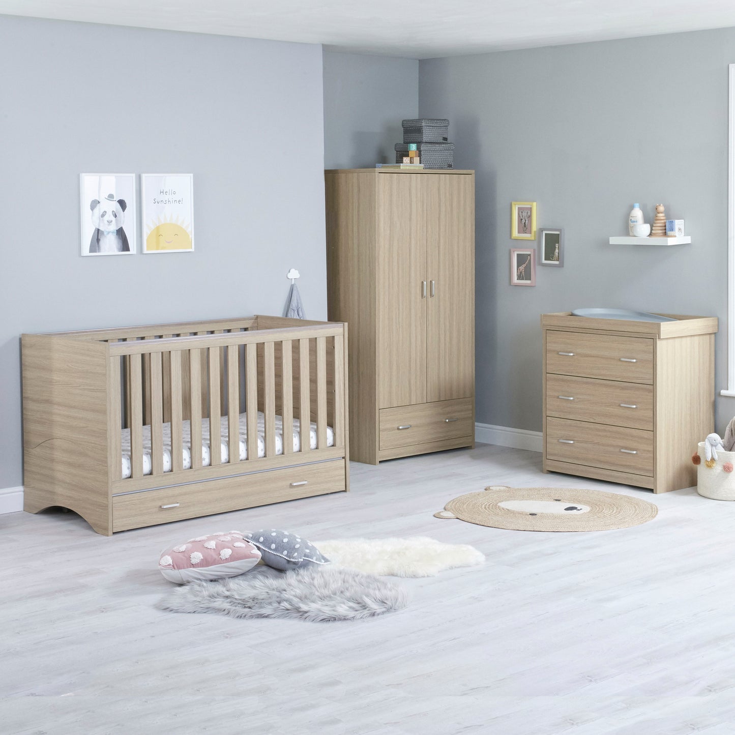 Babymore Veni 3 Piece Nursery Room Set with Drawer - Oak