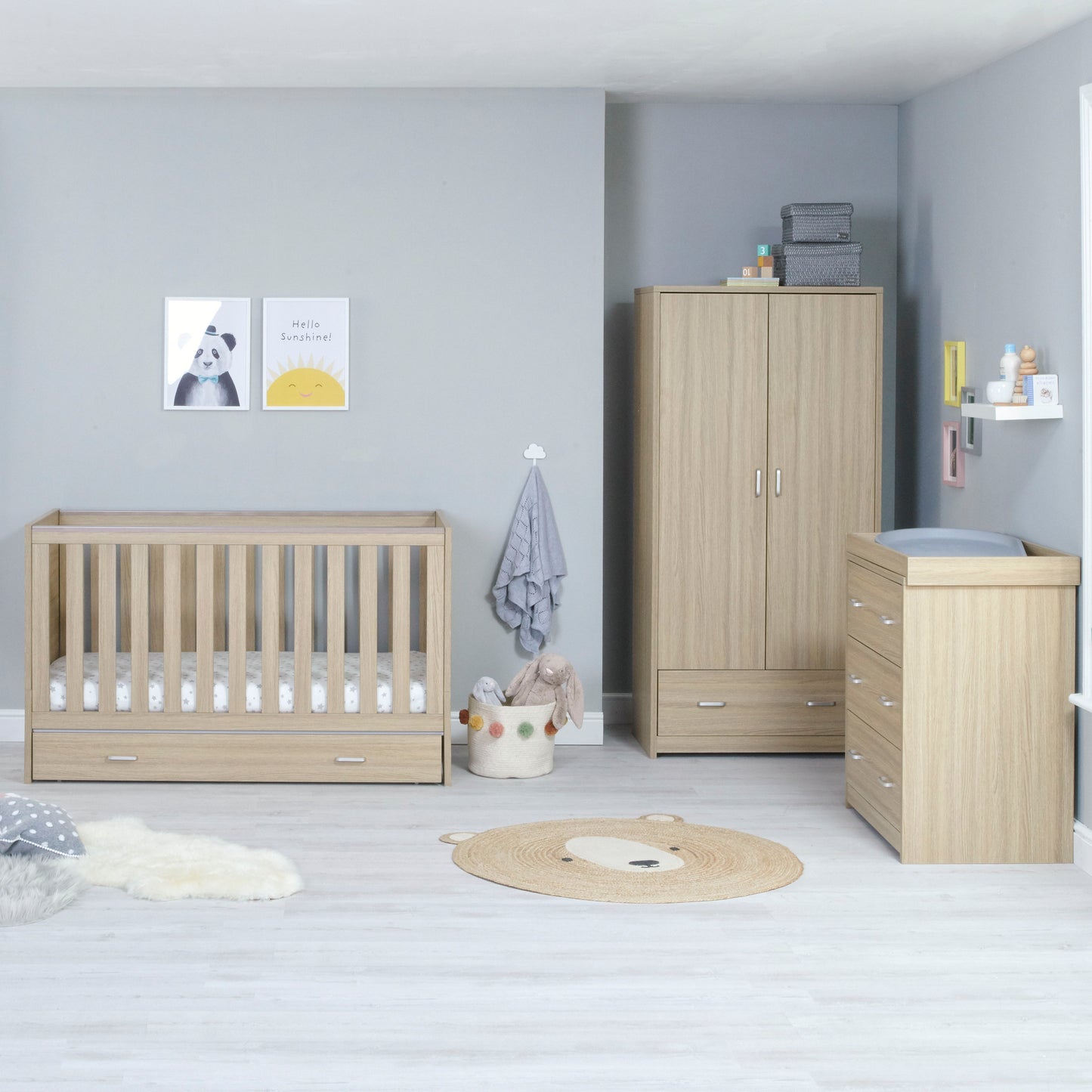 Babymore Veni 3 Piece Nursery Room Set with Drawer - Oak