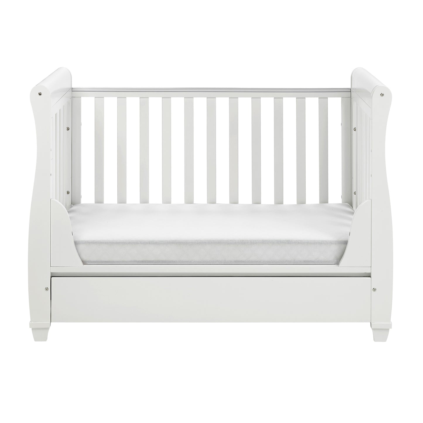 Babymore Eva Sleigh Cot Bed Drop Side with Drawer - White