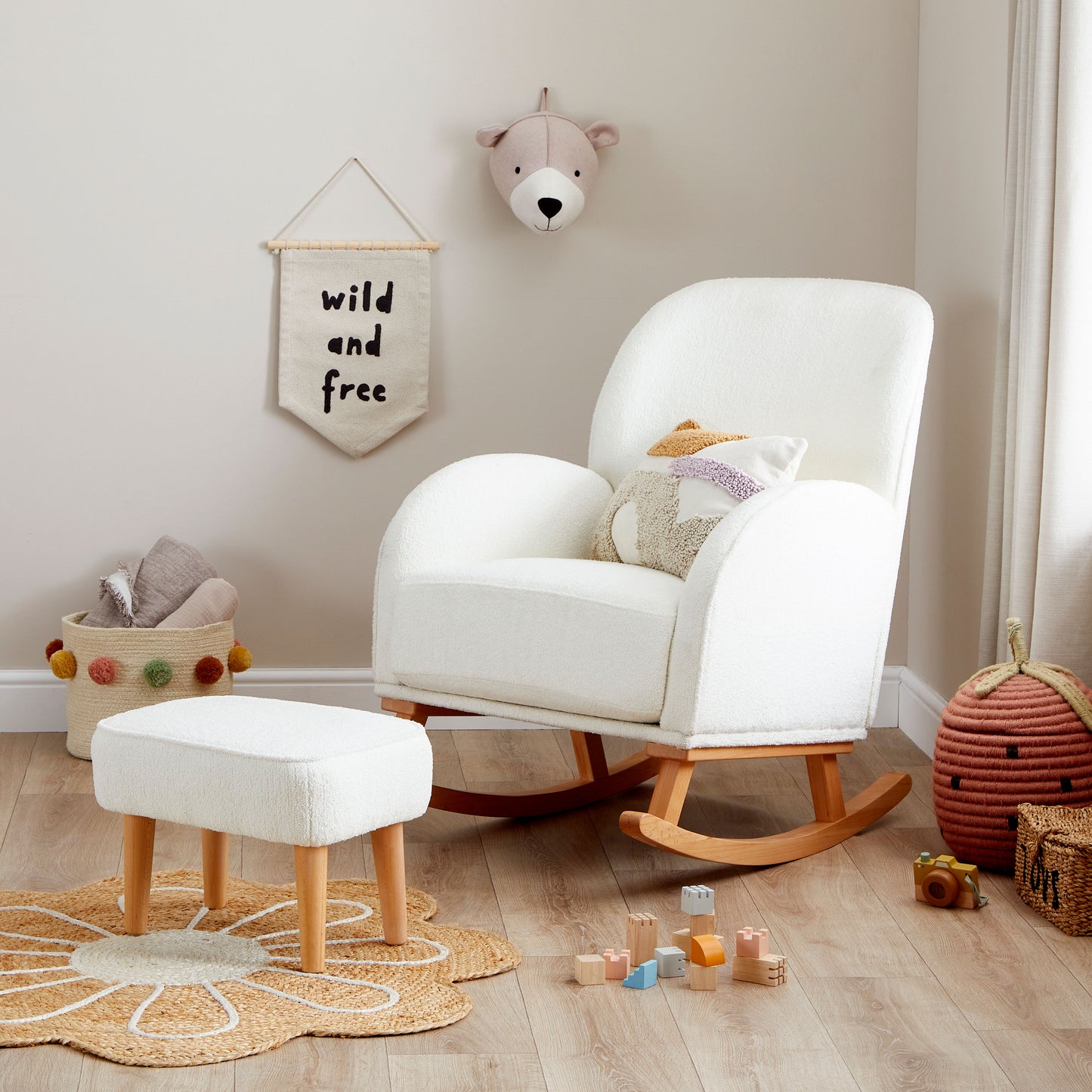 Babymore Freya Nursing Chair with Stool - Off White Bouclé