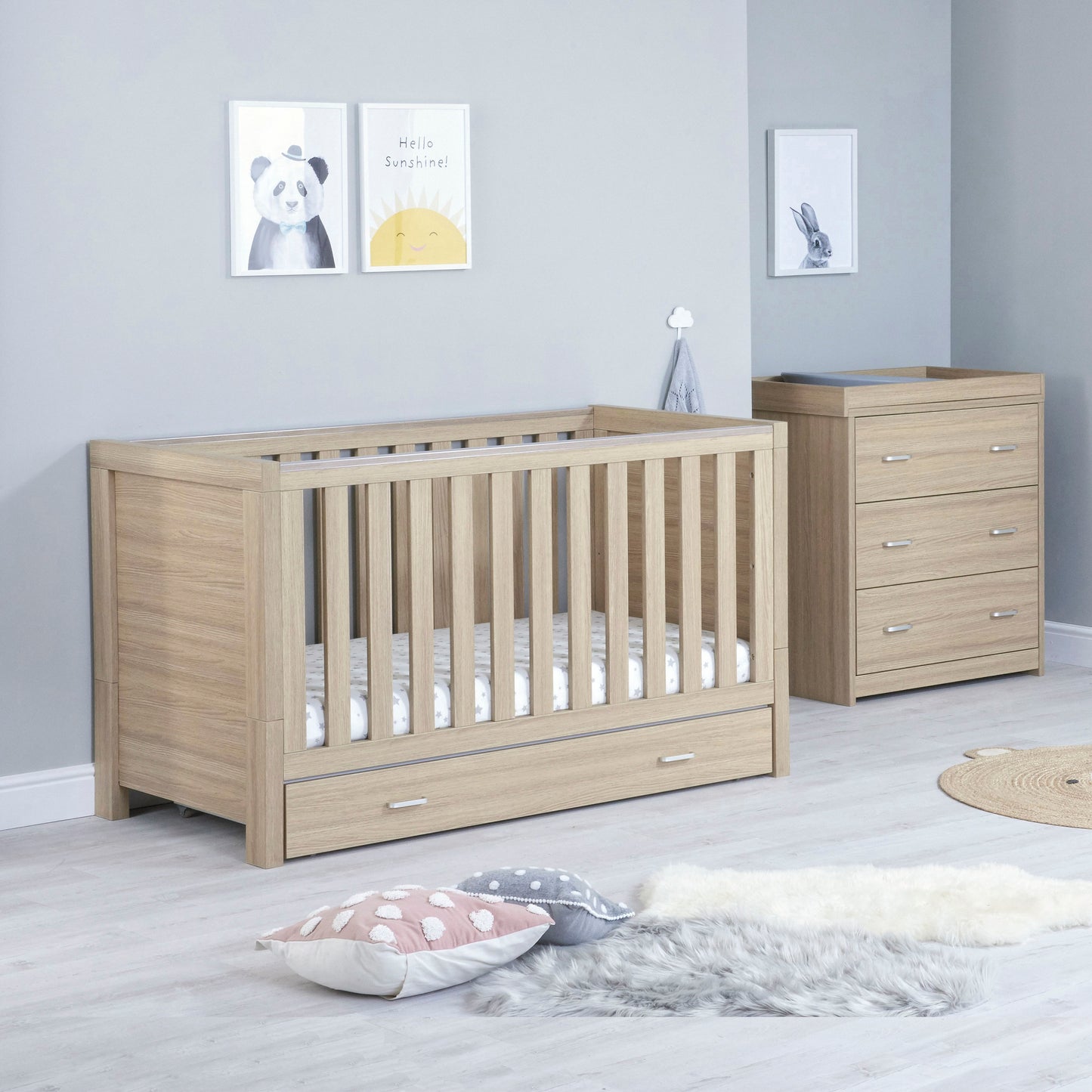 Babymore Luno 2 Piece Nursery Room Set with Drawer - Oak