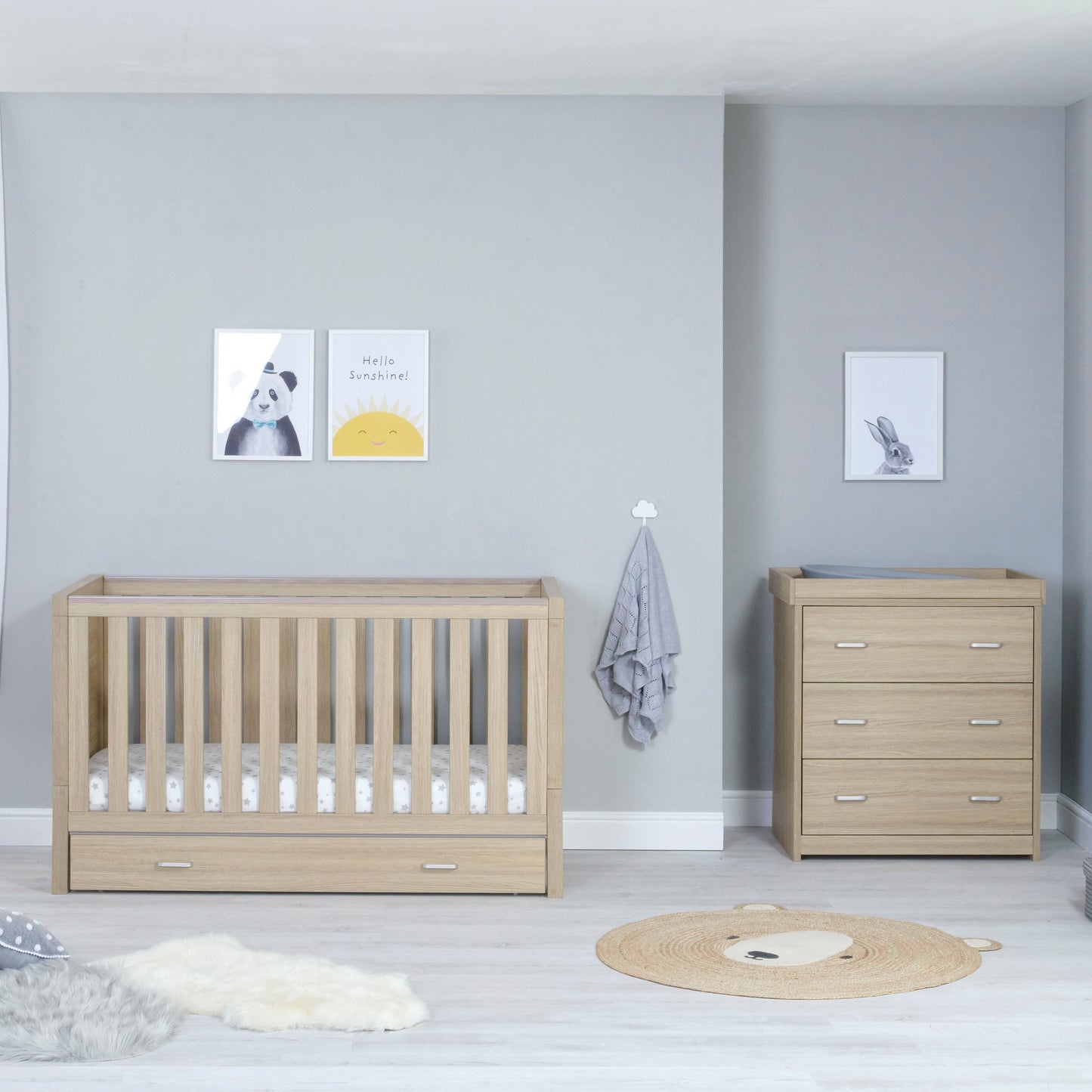 Babymore Luno 2 Piece Nursery Room Set with Drawer - Oak