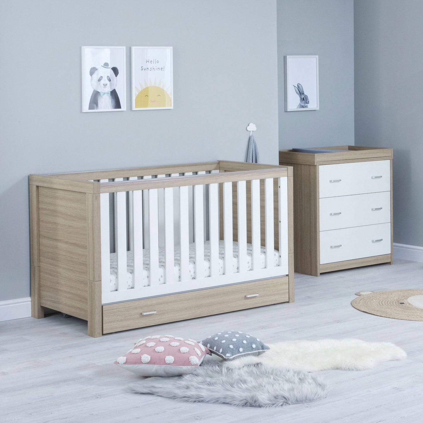 Babymore Luno 2 Piece Nursery Room Set with Drawer - Oak White