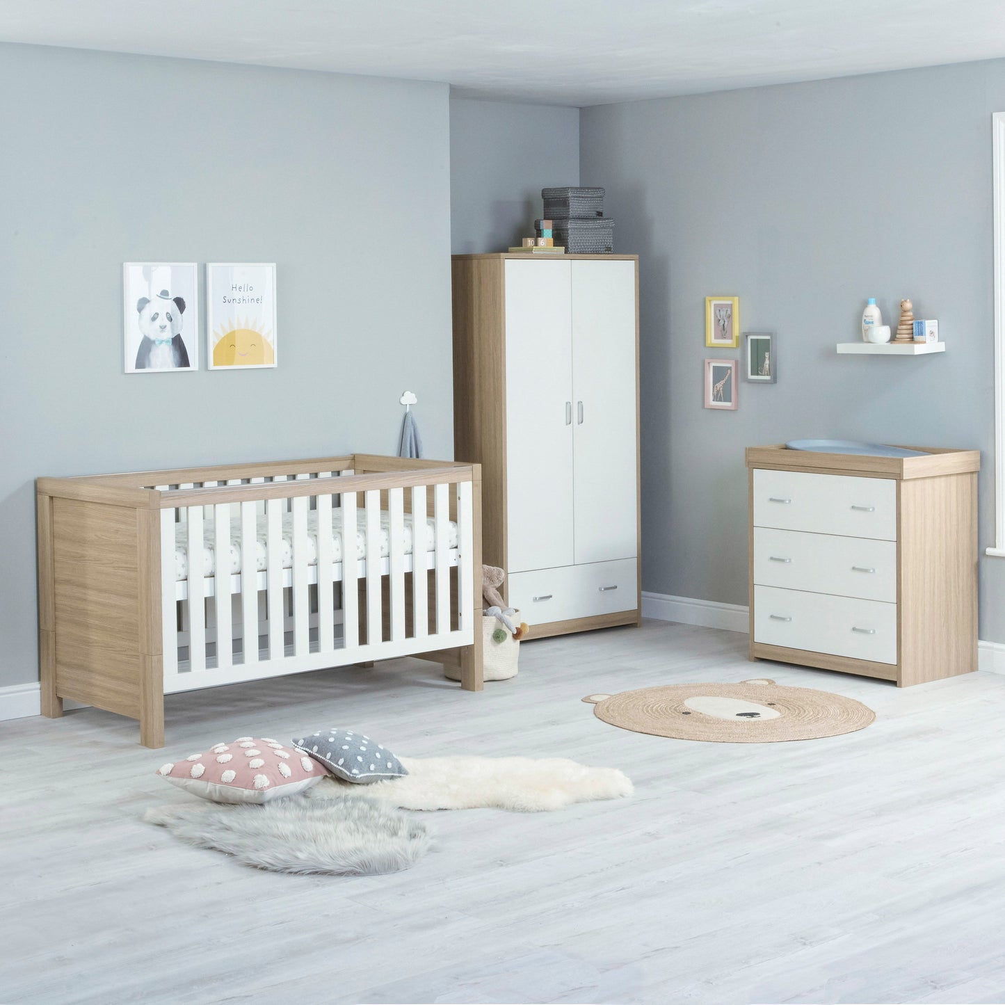 Babymore Luno 3 Piece Nursery Room Set - Oak White