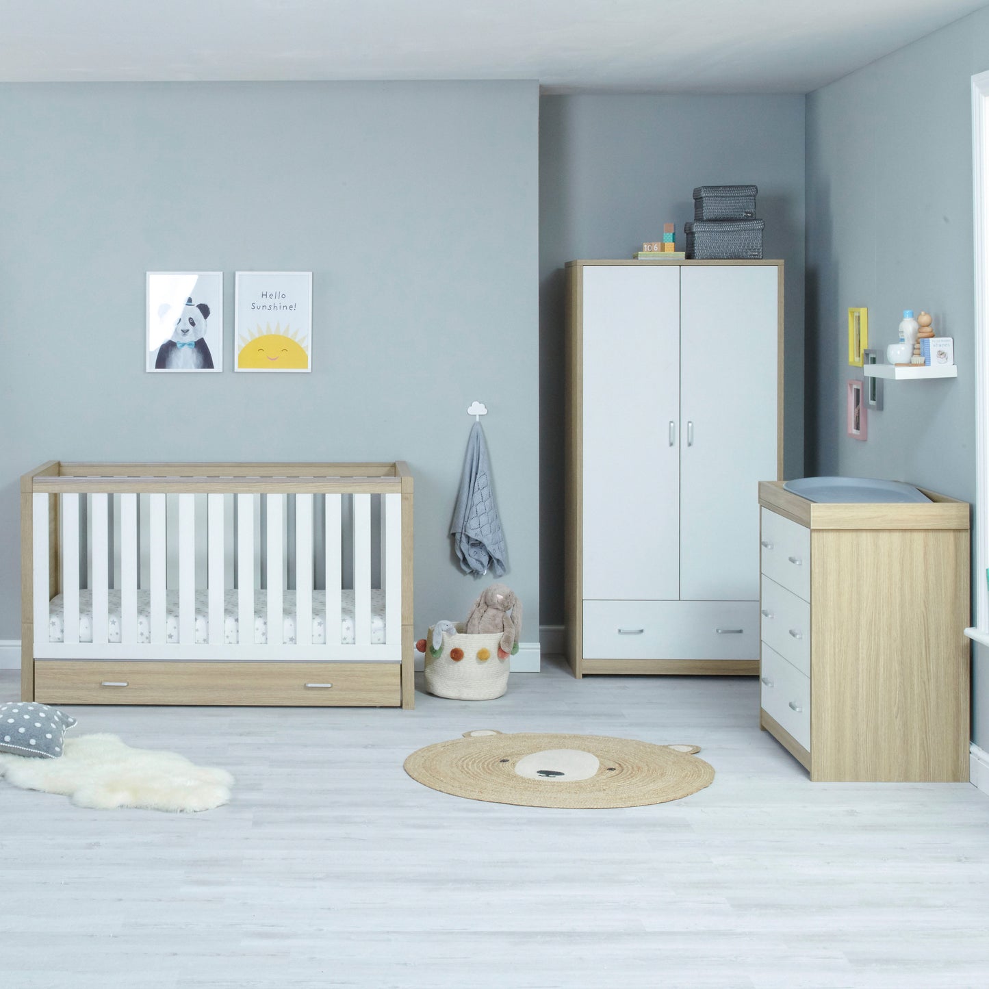 Babymore Luno 3 Piece Nursery Room Set with Drawer - Oak White