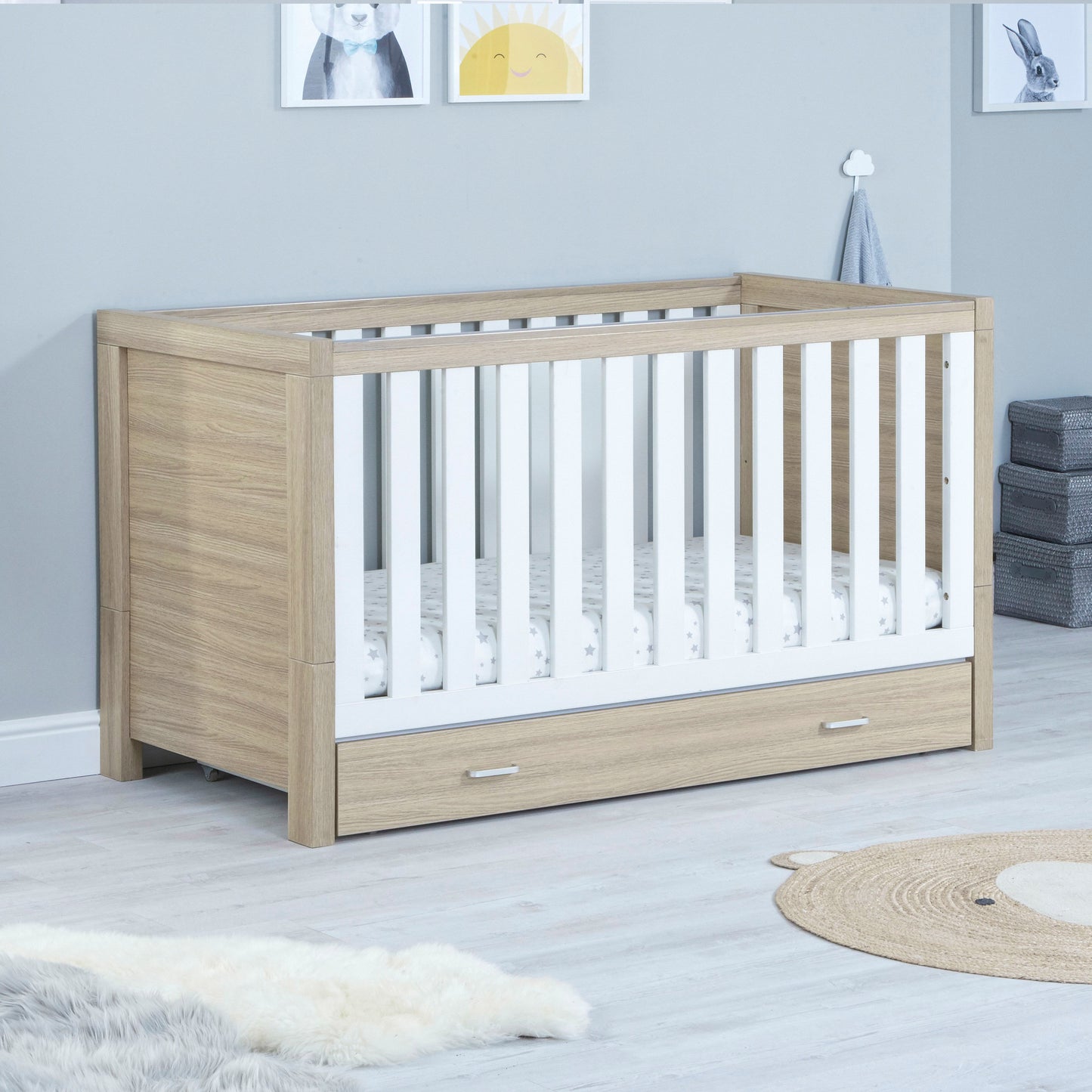 Babymore Luno Cot Bed with Drawer - White Oak