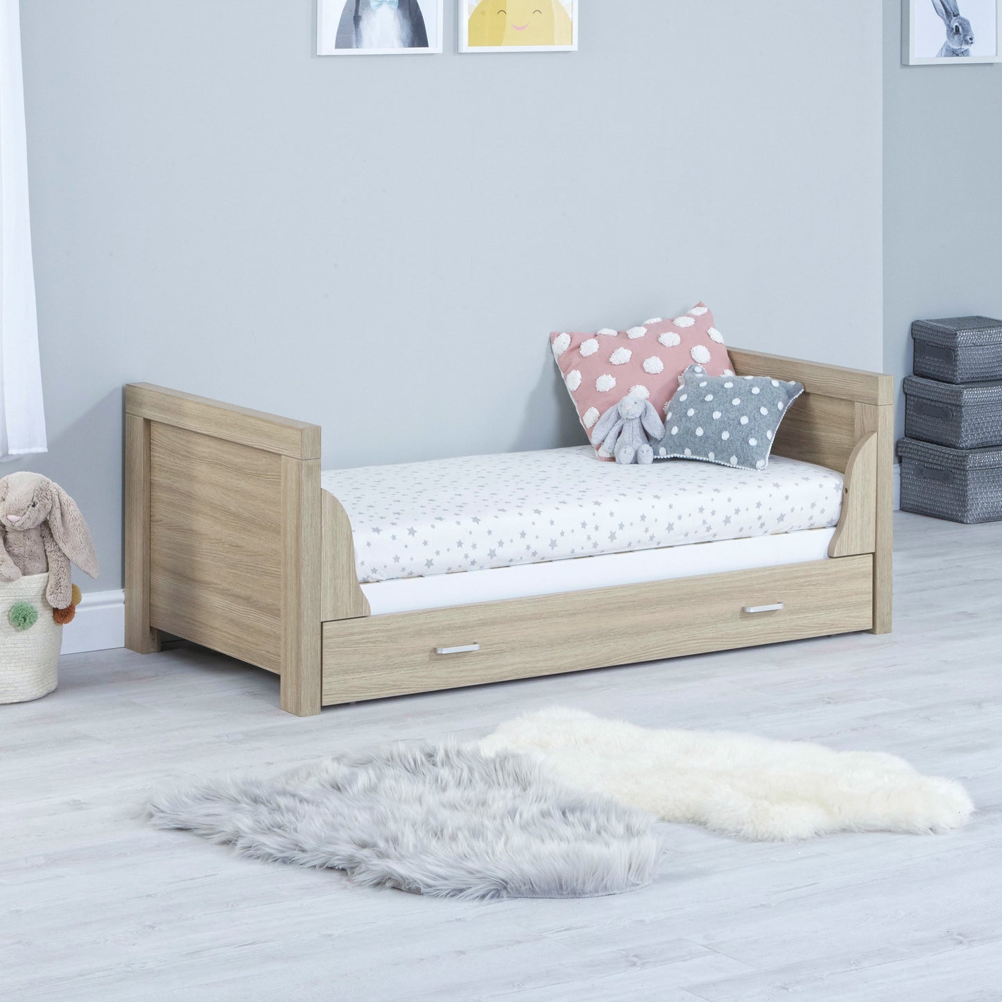 Babymore Luno Cot Bed with Drawer - White Oak