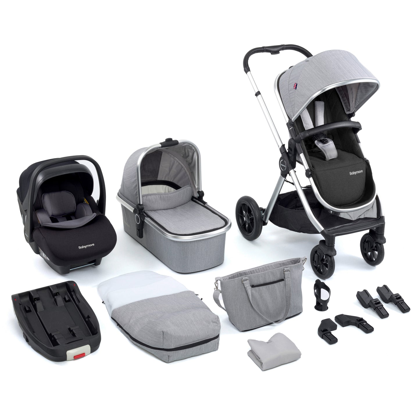 Babymore Memore V2 Travel System 13 Piece Pecan i-Size with base - Silver