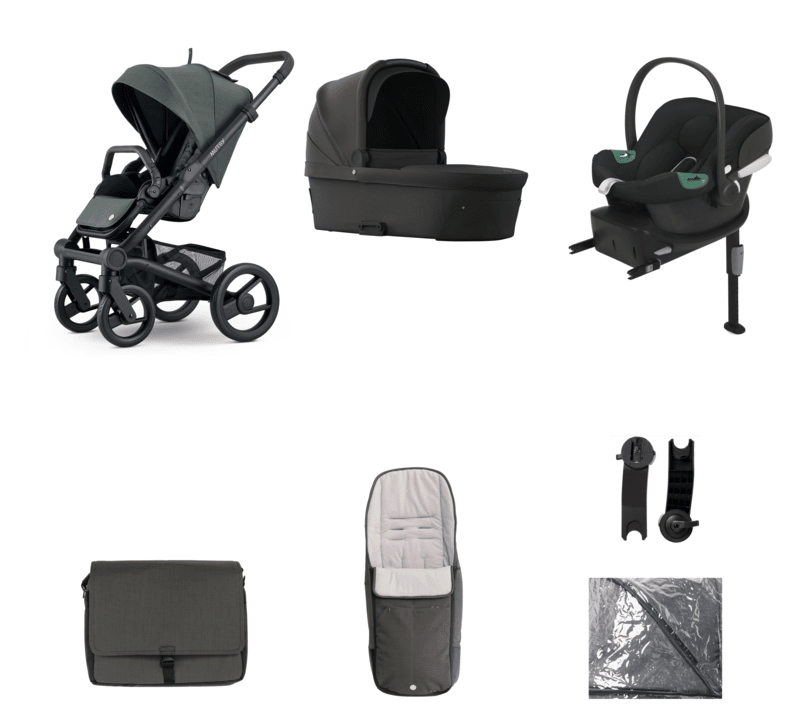 Mutsy Nio Pine Green Stroller Aton B2 and Base, Stroller frame,seat,carrycot, Footmuff, Changing Bag, car seat adaptors