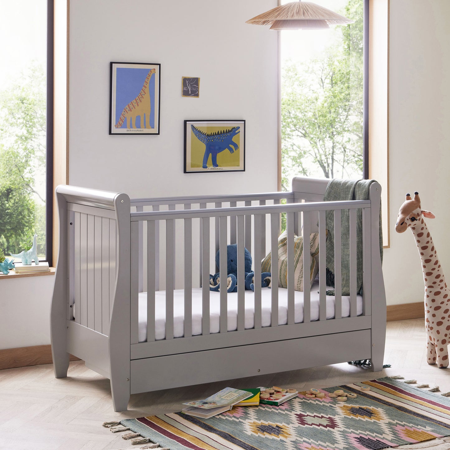 Babymore Stella Sleigh Cot Bed Drop Side with Drawer - Grey