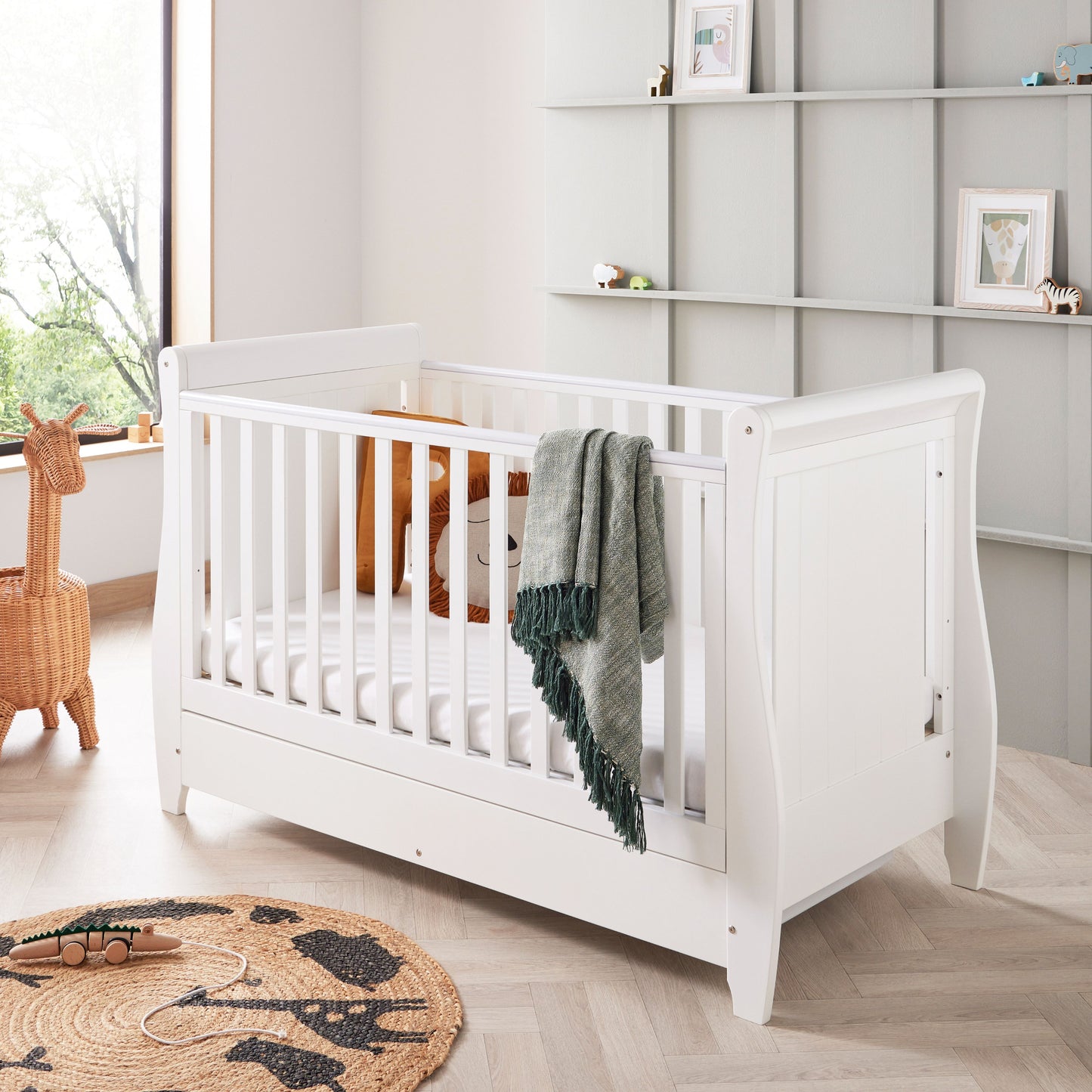 Babymore Stella Sleigh Cot Bed Drop Side with Drawer - White