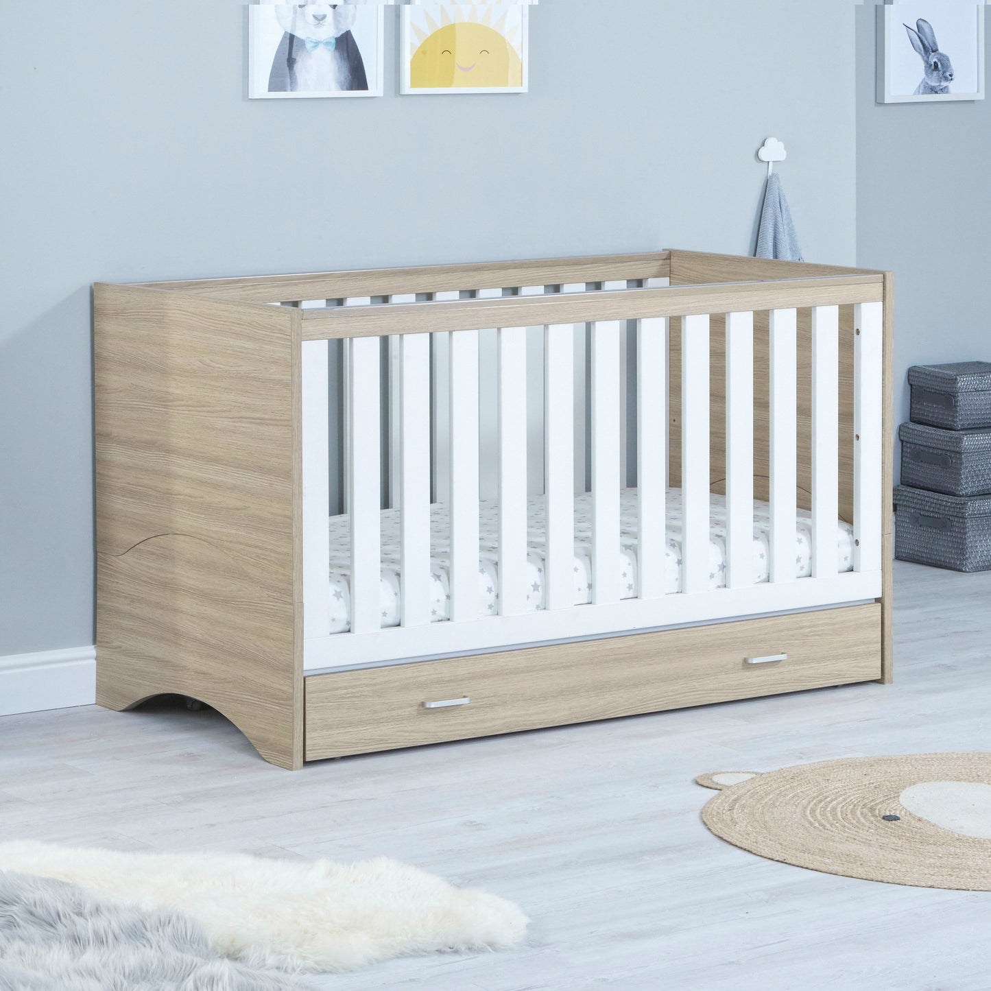 Babymore Veni 2 Piece Nursery Room Set with Drawer - Oak White