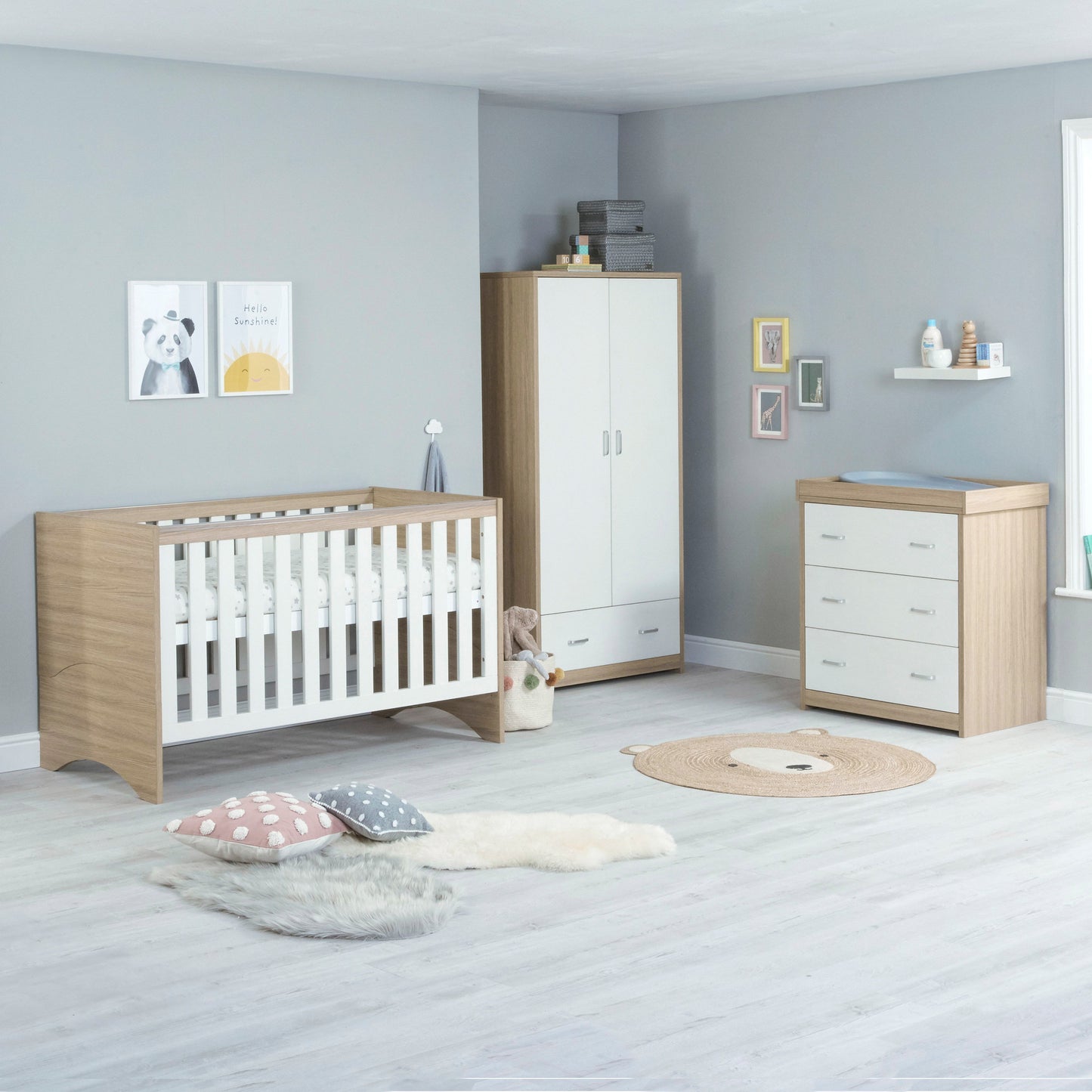 Babymore Veni 3 Piece Nursery Room Set - Oak White