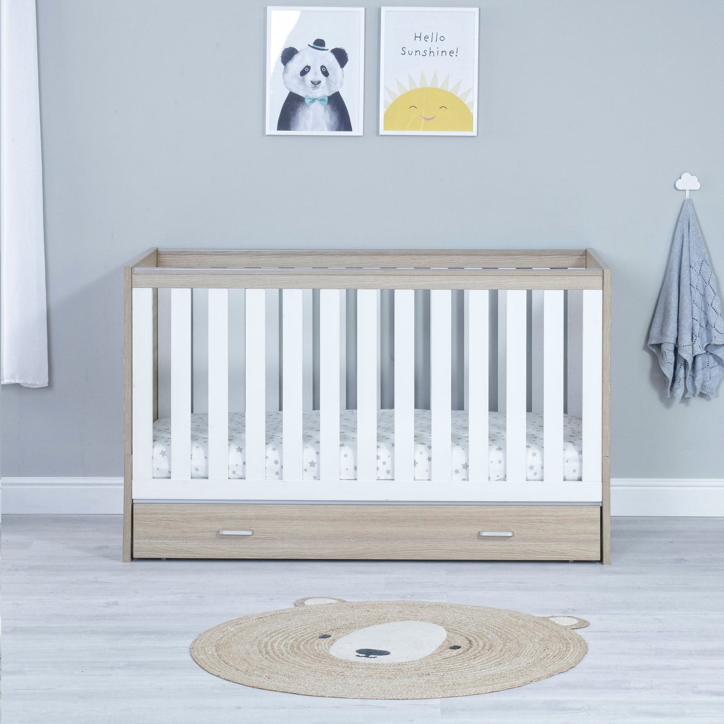 Babymore Veni Cot Bed with Drawer - White Oak